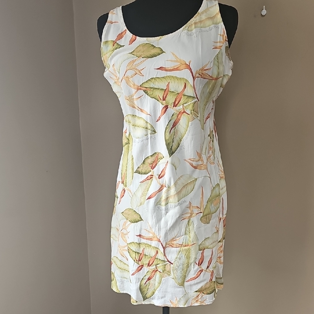 Harley-Davidson Cream Shift Dress with Green & Orange Leaf Print Tropical Beachy